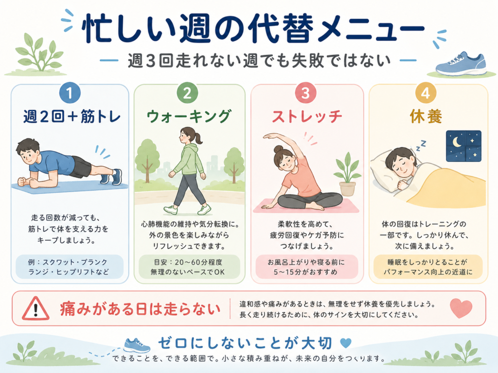 フルマラソン初心者向けの忙しい週の代替メニュー