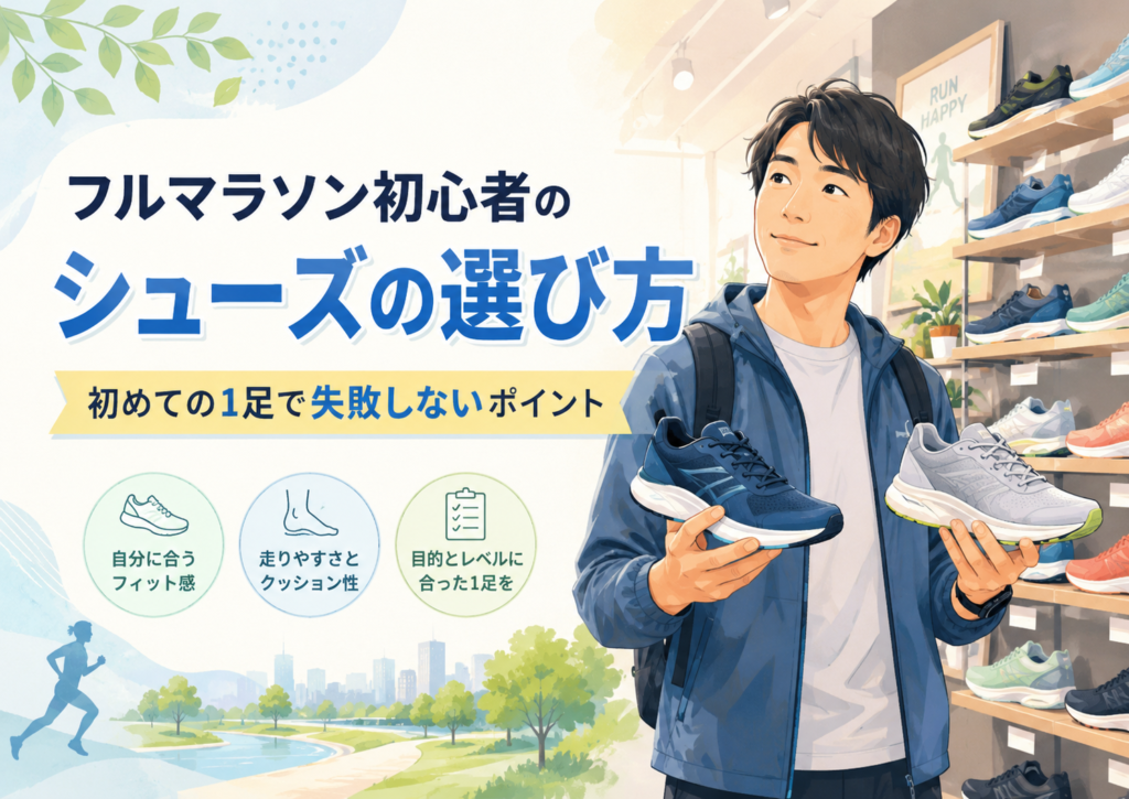 フルマラソン初心者がランニングシューズを選んでいるイメージ