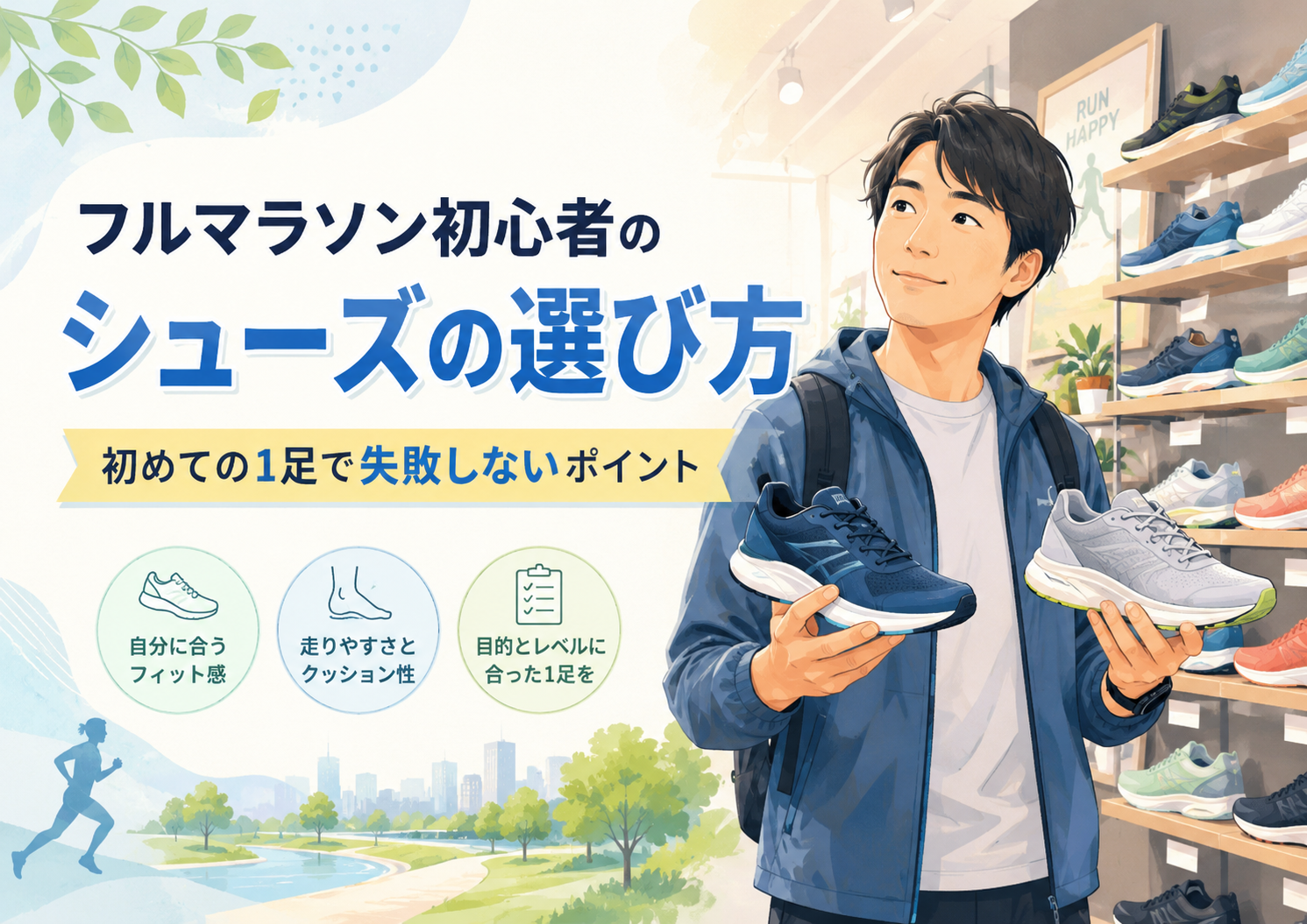 フルマラソン初心者がランニングシューズを選んでいるイメージ